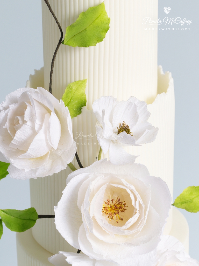 Ribbed Cake with Crepe Paper Flowers Close Up